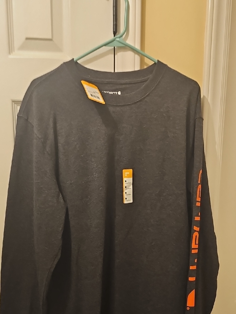 Carhartt Dark Gray Long-Sleeve Tee with Orange Sleeve Logo